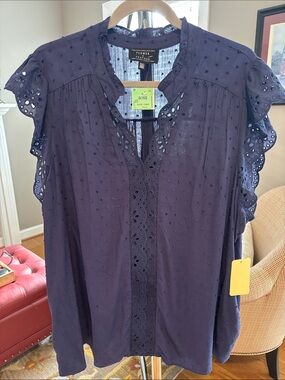 NWT Navy Eyelet Flutter Sleeve Blouse